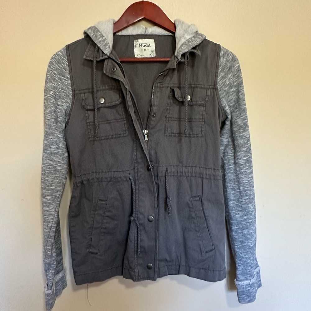 Mudd Women's Y2K Two-Tone Gray Hooded Utility Jacket